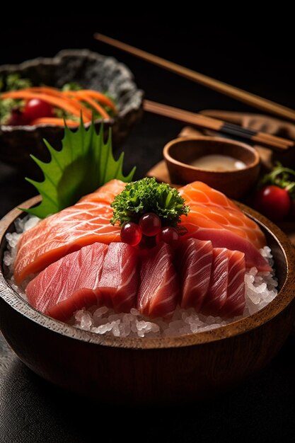 un bol de sushi avec des baguettes et un bol de glace.