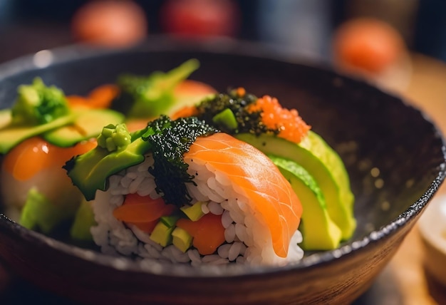 Photo un bol de sushi avec du riz et des légumes dessus