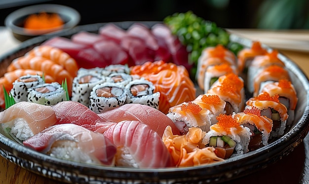 un bol de sushi avec du sushi et du sushi dessus