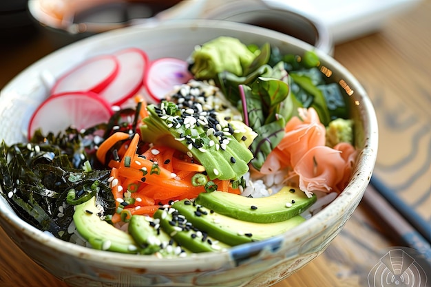 Un bol de sushi et des légumes sur une table