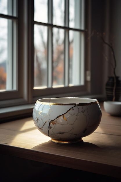 Un bol sur une table devant une fenêtre avec le soleil qui brille dessus.