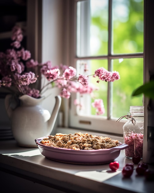 Un bol de tarte aux cerises est posé sur un comptoir de cuisine à côté d'une fenêtre avec des fleurs en arrière-plan.