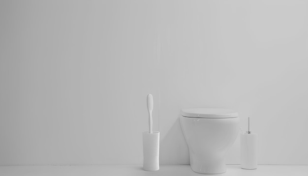 Un bol de toilette en céramique et une brosse près d'un mur blanc