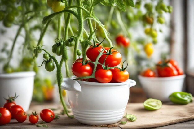 un bol de tomates avec un bol blanc et quelques tomates dedans