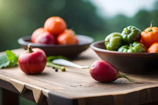 Un bol de tomates et un bol de tomates sont posés sur une table.