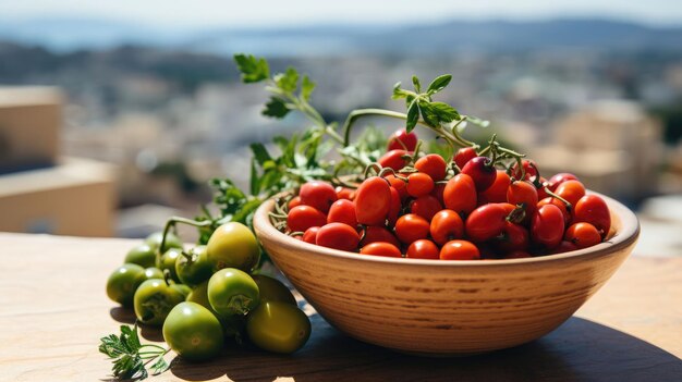 Photo un bol de tomates avec un bol de tomates sur la table.