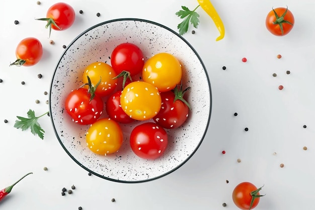 Photo un bol de tomates cerise avec une feuille sur le dessus