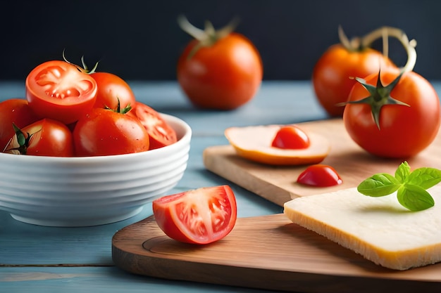 Un bol de tomates à côté d'une tranche de pain et d'une tranche de basilic.