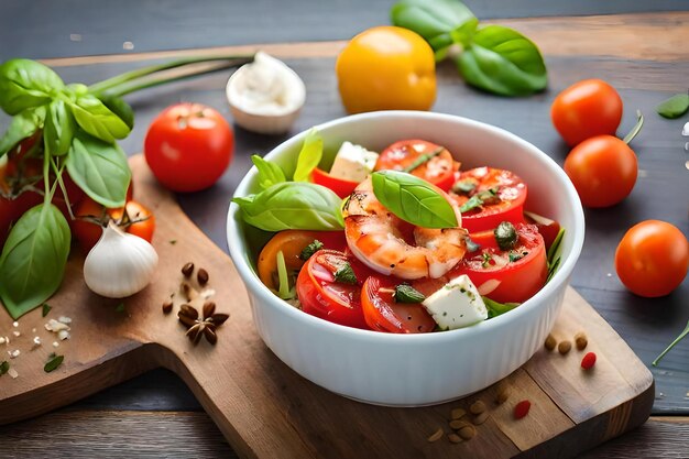 Un bol de tomates avec du fromage et des tomates sur une planche à découper