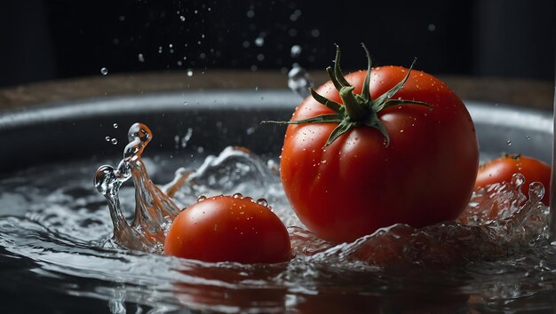 un bol de tomates avec de l'eau qui s'y éclabousse