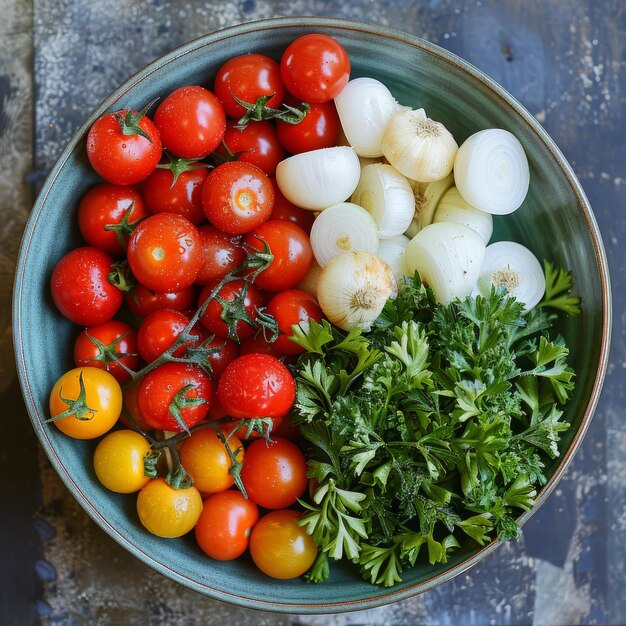 Photo un bol de tomates, d'échalote et de persil