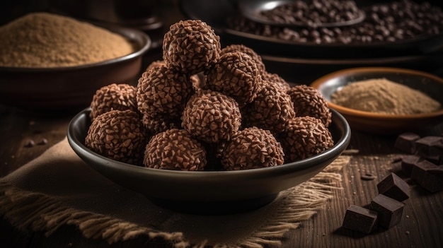 Un bol de truffes au chocolat avec des grains de café sur la table