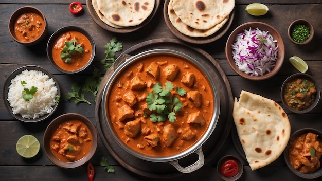 Un bol à vapeur de Tikka Masala de poulet est placé sur une table en bois sombre entourée d'un tableau o