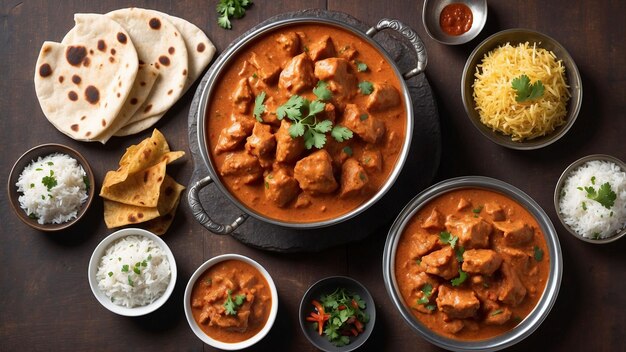 Un bol à vapeur de Tikka Masala de poulet est placé sur une table en bois sombre entourée d'un tableau o