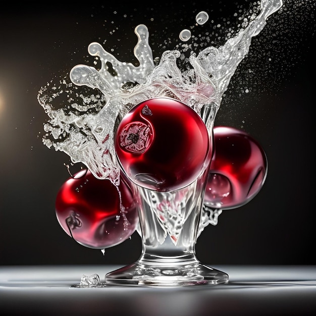 Un bol en verre avec des cerises et une touche de liquide.