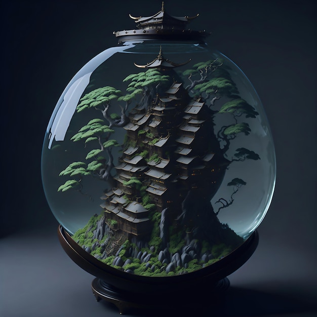 Un bol en verre avec un château japonais à l'intérieur