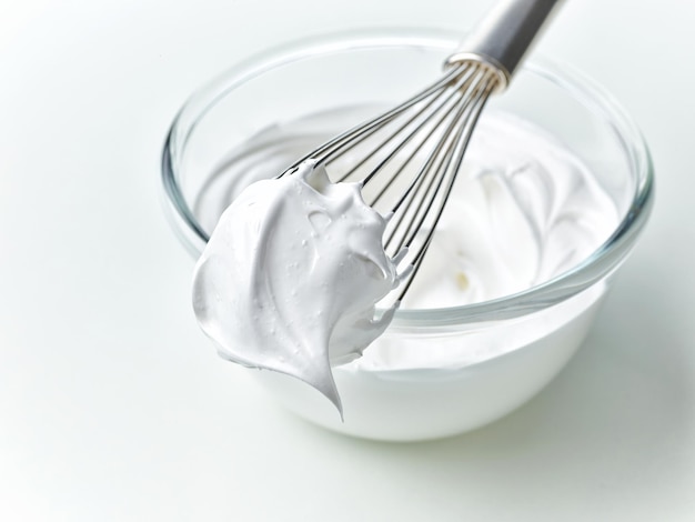 Bol en verre de crème de blancs d'oeufs fouettés sur fond de table de cuisine blanc