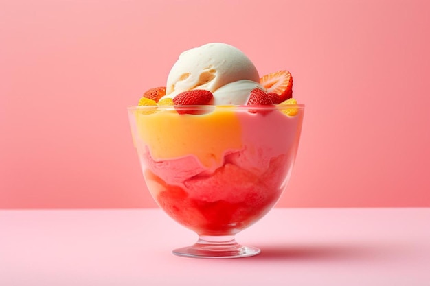 un bol en verre de crème glacée avec des fraises et de la crème.