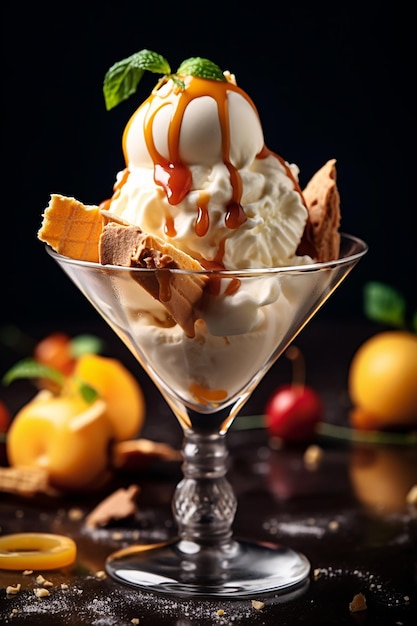 Un bol en verre de crème glacée avec quelques morceaux de fruits dessus