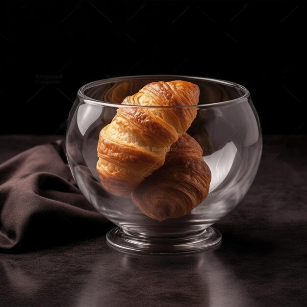 Un bol en verre avec deux croissants dessus.