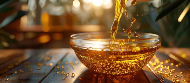 Un bol de verre avec du liquide sur une table en bois