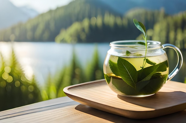 un bol en verre d'eau avec une plante dedans