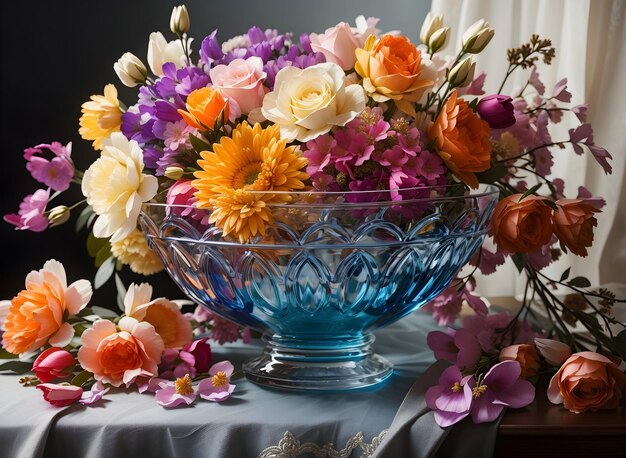 Un bol en verre avec des fleurs fraîchement cueillies générées par IA