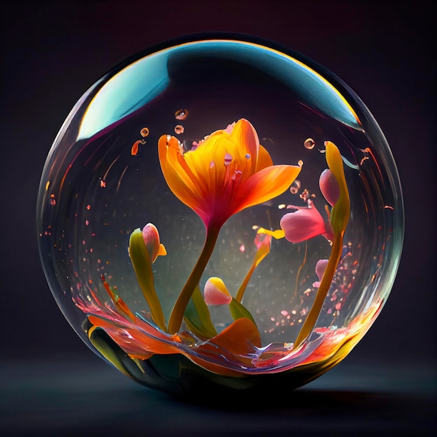 Un bol en verre avec des fleurs à l'intérieur et un fond noir.