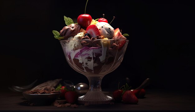 Photo un bol de verre de fraises et de cerises avec un fond noir