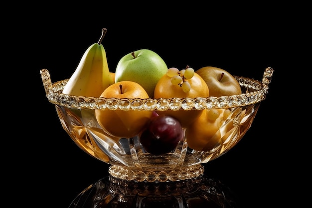 Un bol en verre de fruits est sur un fond noir.