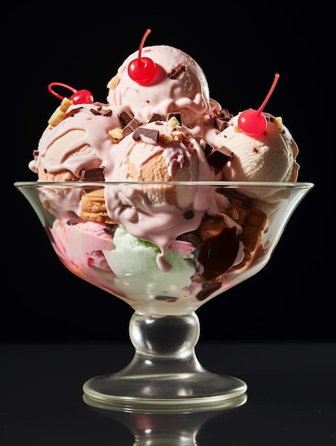 un bol en verre avec de la glace et des cerises dessus