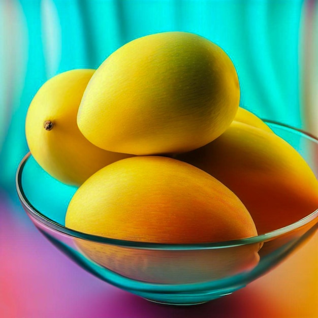 un bol en verre de mangues avec un fond coloré