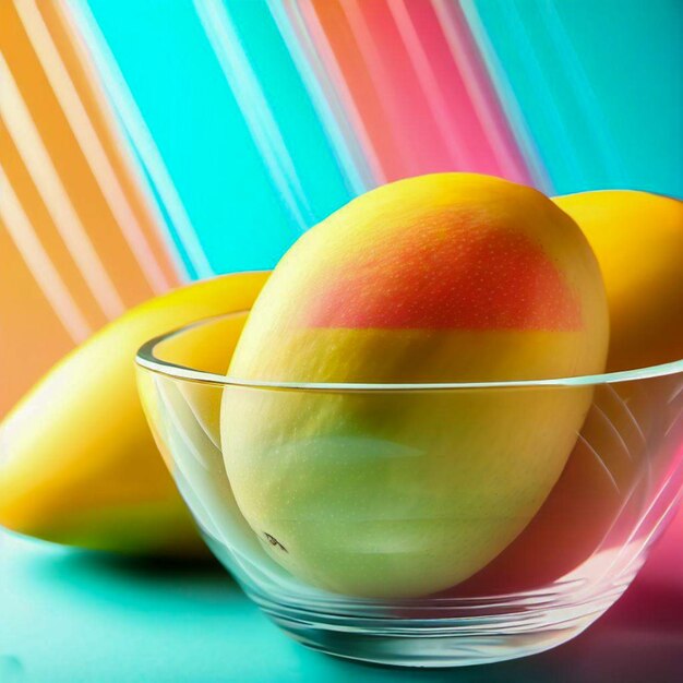 un bol en verre de mangues avec un fond coloré