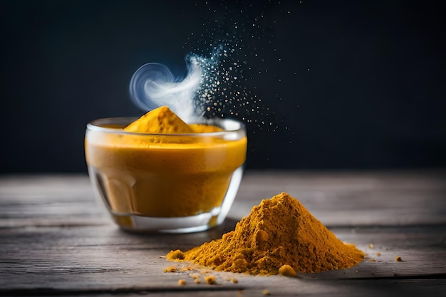 Un bol en verre de poudre de curcuma à côté d'un tas de curcuma.