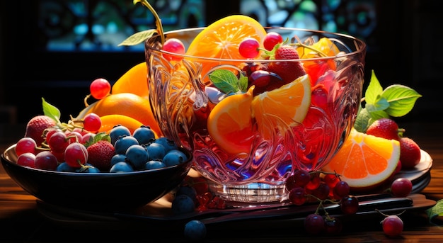 Photo un bol en verre rempli de fruits au-dessus d'une table