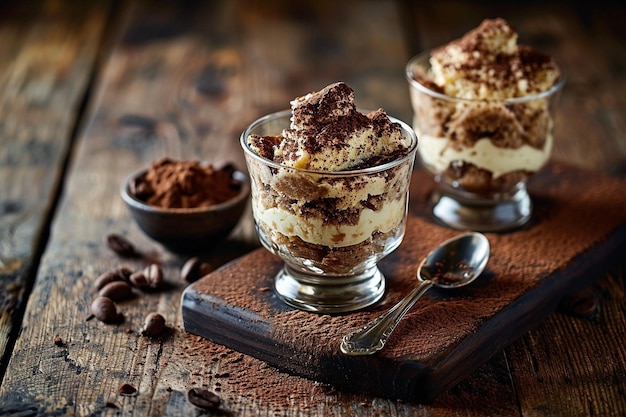 Un bol de verre de tiramisu et une tasse d'espresso servis à un homme travaillant dans son cahier