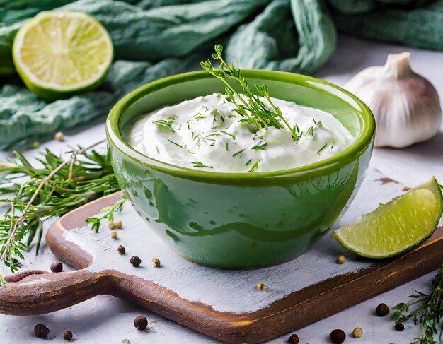 Un bol vert de sauce à la crème aigre avec des herbes