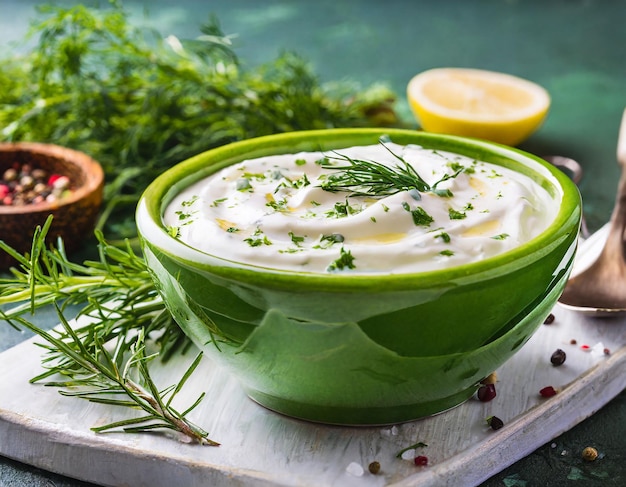 Un bol vert de sauce à la crème aigre avec des herbes