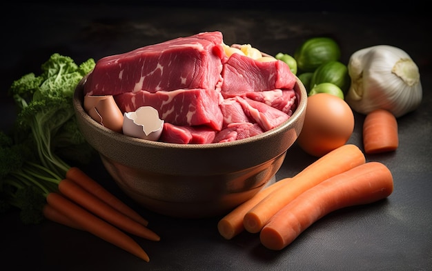 Un bol de viande avec des légumes sur une table.