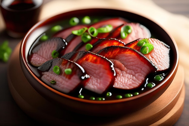 Un bol de viande tranchée avec des pois verts et des oignons verts