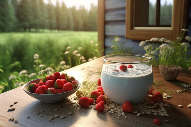 Photo un bol de yaourt et un bol de fraises sur une table