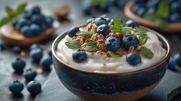 Un bol de yogourt et des bleuets sur la table