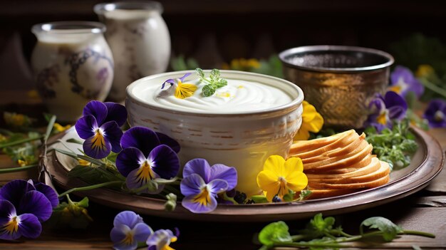 Photo un bol de yogourt crémeux orné de pattes comestibles et d'une goutte de miel