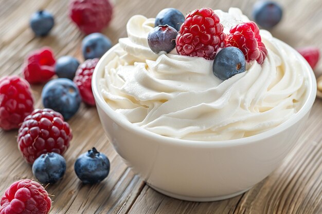 Un bol de yogourt avec une cuillère en bois et une pile de crêpes