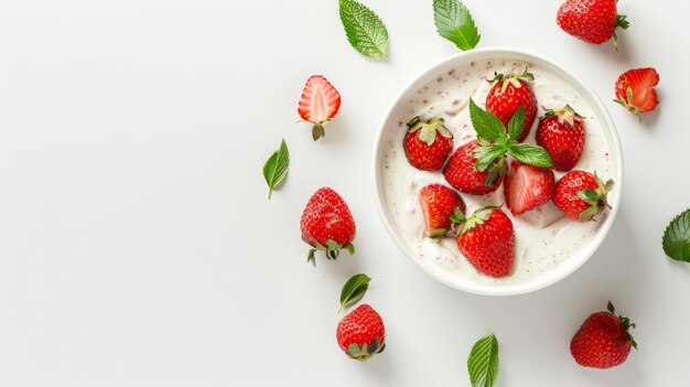 Un bol de yogourt délicieux avec des fraises isolées sur une vue blanche