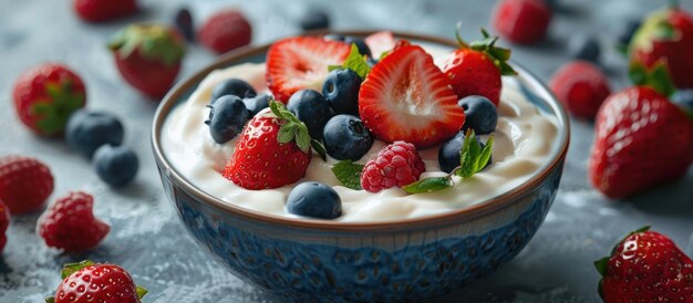 Un bol de yogourt avec des fraises et des bleuets