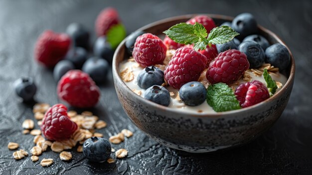 Un bol de yogourt avec des framboises et des bleuets