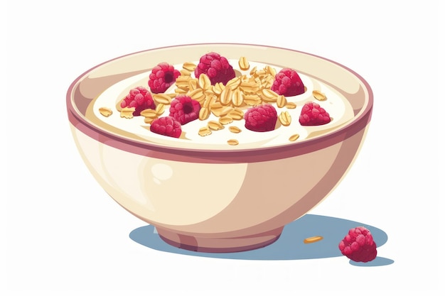 Photo un bol de yogourt avec des framboises et du granola sur fond blanc