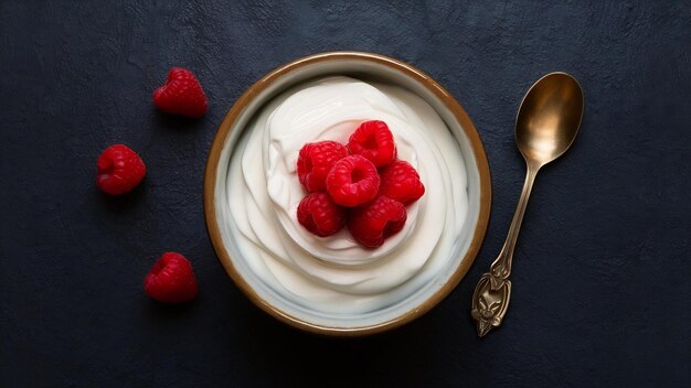 Photo un bol de yogourt avec des framboises sur la table.