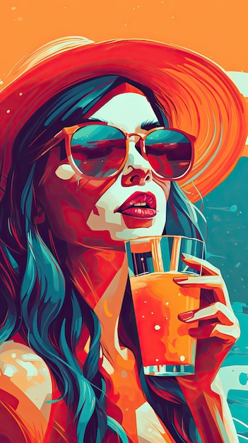 Bold Fashion Illustration of Woman Sirotant un verre de paille au bord de la piscine